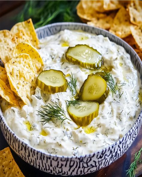 Discover a tangy and chunky Dill Pickle Dip recipe. Creamy, crunchy, and perfect for any occasion. Quick to make and full of flavor! Dill Pickle Chip Dip, Hoco Dinner, Dill Pickle Cheese Ball, Baked Dip Recipes, Pickle Platter, Pickle Dishes, Dill Dip Recipe, Dill Pickle Dip Recipe, Football Season Food