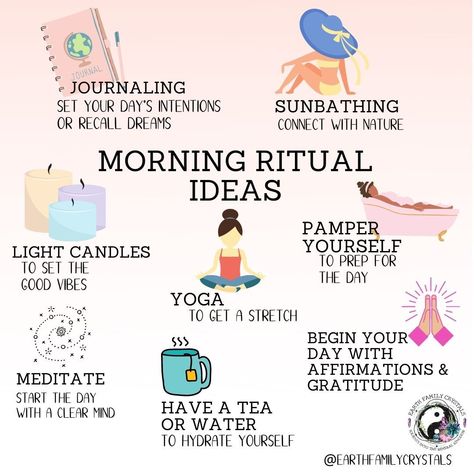 Morning Ritual Ideas! 💜 Do you follow any of these Morning Rituals? #earthfamilycrystals #rituals Nature, Witchcraft Morning Ritual, Morning Witchcraft, First Of The Month Rituals, Friday Rituals, Morning Ritual Ideas, Nightly Rituals, Egg Cleanse, Intention Ritual