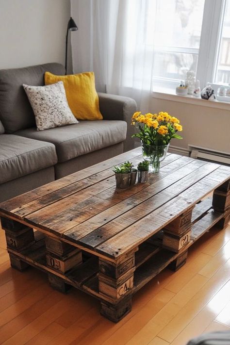 "Elevate your living room with a DIY Pallet Coffee Table! 🛠️☕ Perfect for creating a cozy and unique focal point. 🌟✨ #DIYHome #PalletUpcycle #LivingRoomInspo" Wood Palette Coffee Table, Homemade Living Room Table, Pallet Coffee Table Diy Living Rooms, Pallet Board Ottoman, Living Room Pallet Ideas, Coffee Table Made From Pallets, Pallet Couches, Coffee Table Pallet, Pallet Coffee Tables