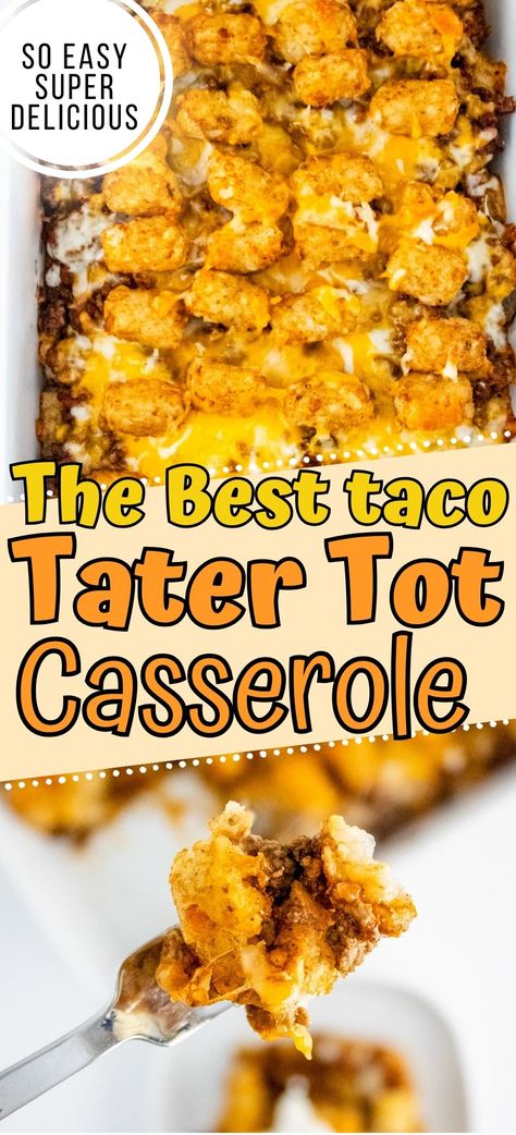 This cheesy taco tater tot casserole is a delicious mexican tater tot casserole that easy to make. Ground beef, tater tots and loaded with cheese and taco seasoning. It's one of our favorite family dinner ideas. Tasty Tater Tot Casserole, Ground Meat And Tater Tots, Tator Tot Casserole With Cheese Soup, Easy Meal For 15 People, Mexican Tater Tot Casserole Crockpot, Frozen Tator Tot Casserole, What Goes With Tater Tots, Taco Casserole Tater Tots, Dinners With Tater Tots