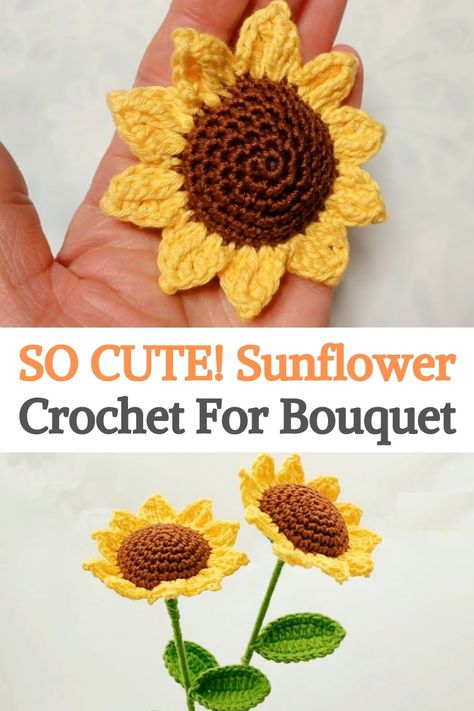 Sunflower Crochet Bouquet Pattern, Crochet Sunflower Bouquet Pattern Free, Crochet Sunflower Petals, Crochet Sunflowers Free Pattern, Crochet Sunflower Pattern Free, Sunflower Crochet Bouquet, Crochet A Sunflower, Random Crochet, Crochet Plants