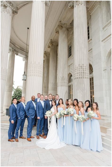 Dust Blue Wedding Theme, Light Blue Bridesmaid With Groomsmen, French Blue Wedding Groomsmen, Navy Tux Light Blue Bridesmaid, Light Blue Groom Suit Bridesmaid Dresses, Wedding Color Light Blue, Light Blue And Gold Bridesmaid Dresses, Bridesmaid Sky Blue Dresses, Blue On Blue Wedding