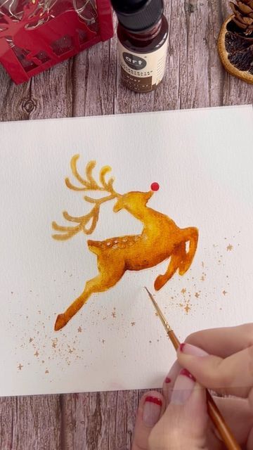 Watercolor Christmas Cards Animals, Watercolor Deer Painting Easy, Easy Reindeer Drawing, Painting Reindeer, Reindeer Watercolor, Reindeer Drawing, Watercolor Painting Easy, Flying Reindeer, Art Adventure