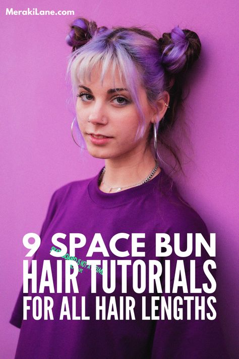 Cute Space Bun Hairstyles Half Up Half Down, Cupcake Space Buns, Space Bun How To, How To Put Your Hair In Space Buns, Double Buns With Bangs, 90s Hairstyles Space Buns, Half Up Half Down Space Buns Short Hair Tutorial, Small Space Buns Short Hair, Space Buns That Stay