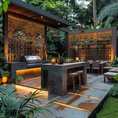 12 Chic Metal BBQ Area Ideas for Modern Outdoor Spaces • 333+ Inspiring Lifestyle Ideas Outdoor Kitchen And Sitting Area, Bbq Areas Outdoor Patio, Concrete Grill Station, Modern Bbq Area Outdoor, Lanai Designs Outdoor Spaces, Modern Bbq Area, Outdoor Kitchen Layout Ideas, Outside Bbq Area, Bbq Area Ideas Outdoor