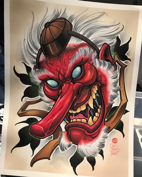 Sent this rad tengu off to a good home with @kane.enable.tattoos - thanks man! David Tevenal, Tengu Tattoo, Chicano Style Tattoo, Japan Tattoo Design, Japan Painting, Japanese Drawings, Traditional Japanese Tattoos, Asian Tattoos, Samurai Tattoo