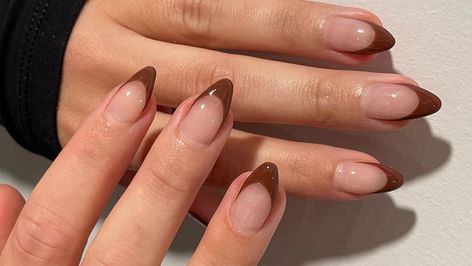 Brown-tipped nails are giving the classic French manicure a run for its money this year. And we've got all the inspo to prove it. Chocolate Brown French Tip Nails, V Shape French Tip, Dark French Tip Nails, Brown French Manicure, Brown French Tips, Brown French Tip Nails, Tipped Nails, Brown French Tip, Brown French