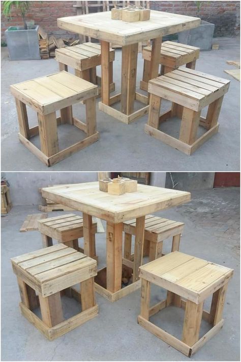 Table And Stools, Rustic Wood Projects, Pallet Projects Easy, Pallet Patio Furniture, Pallet Patio, Wooden Pallet Projects, Apartment Patio Decor, Recycled Pallets, Pallet Furniture Outdoor