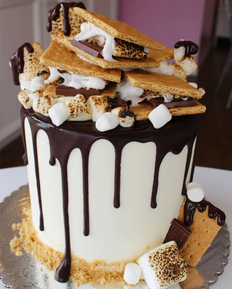 S’more Cake Ideas, Giant Smore Cake, Camping Themed Cake Ideas, Campfire Cake Ideas, Smore Love Adoption Party, Cakes And Treats, Bonfire Birthday Cake, S’mores Cake Birthday, S’mores Wedding Cake