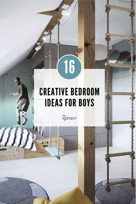 The best way to create a room your little boy will love is to focus on his interests. Go all out on a theme, or use elements of a theme for a bedroom that will carry him through high school. Here are 16 creative bedroom ideas for updating your little one's space. Boys Room Loft Bed Ideas, Attic Boys Bedroom, Boys Double Bedroom Ideas, Boys Space Room Ideas, Boys Room With Bunk Beds Ideas, Kids Loft Room, Shared Boy Room Ideas, Painted Boys Room, Boys Bedroom Small Space