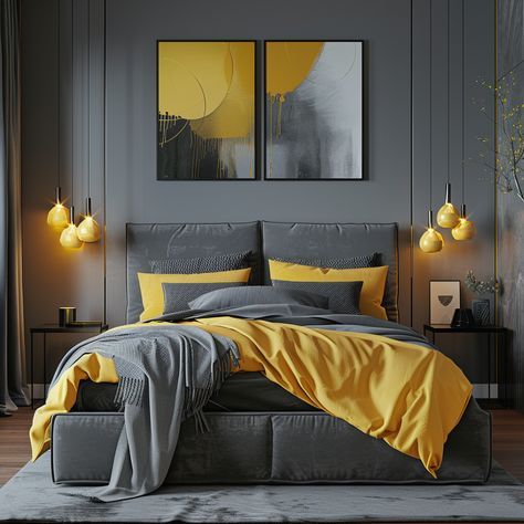 Cozy Yellow Home Bedroom Ideas for Relaxation 7 Grey And Yellow Bedroom, Dark Grey Bed, Home Bedroom Ideas, Yellow Gray Bedroom, Mustard Yellow Bedrooms, Cottage Style Bedrooms, Yellow Accent Chairs, Bedroom Yellow, Bed Mattress Sizes