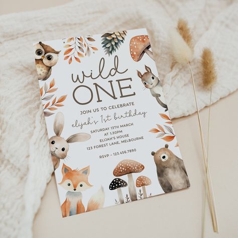 "Welcome to the wild world of your little one with our Wild One Woodland Animal 1st Birthday Invitation! This enchanting, editable template is perfect for your baby's first big day, featuring a delightful array of forest friends like bears, foxes, squirrels, rabbits, and owls, all beautifully illustrated in whimsical watercolors. 𝗠𝗔𝗧𝗖𝗛𝗜𝗡𝗚 𝗜𝗧𝗘𝗠𝗦: https://www.etsy.com/au/shop/designhartparty?search_query=Z343 Download and edit this birthday invitation template INSTANTLY yourself. No n Woodland Animal 1st Birthday Party, 1st Birthday Forest Theme, Wild One Forest Birthday Party Boys, Woodland One Year Birthday, Woodlands First Birthday, Wild One Woodland First Birthday, Woodland First Birthday Boy, Woodland Theme First Birthday, Woodland 2nd Birthday