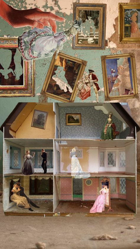 Doll house that mysterious has the figures from paintings. Did the giant hand put them there or did they jump out? #painting #collage #weird #dollhouse #mystery #moving House Collage, Painting Collage, House Painting, Doll House, Paintings, Dolls, Collage, Pins, Quick Saves