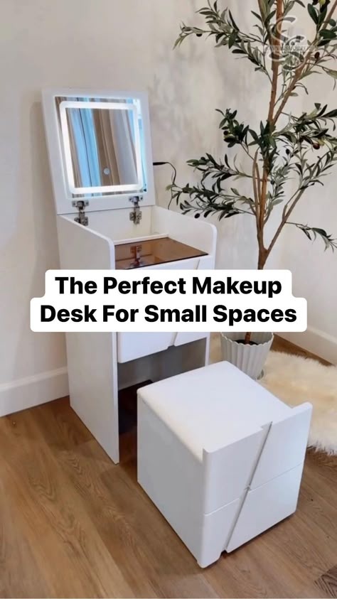 Makeup Station Small Space, Folding Make Up Table, Small Make Up Vanity Set Up, Small Space Makeup Vanity Bathroom, Space Saving Makeup Table, Makeup Area Small Spaces, Small Makeup Mirror With Lights, Vanity Table Ideas Small Room, Table With Mirror For Bedroom