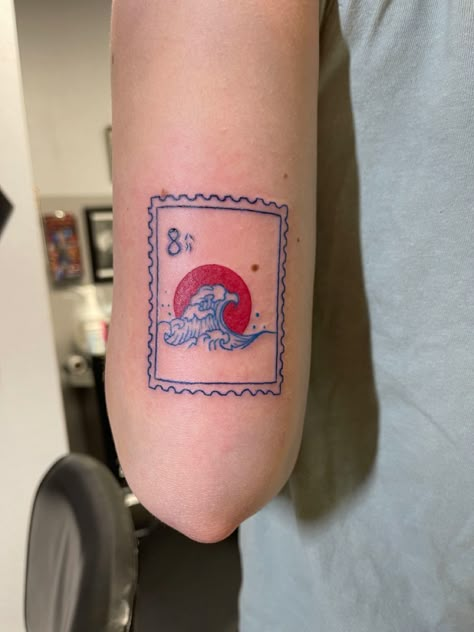 Postal Stamp Tattoo Ideas, The Great Wave Tattoo, Japan Stamp Tattoo, Beach Stamp Tattoo, Japanese Stamp Tattoo, California Stamp Tattoo, Great Wave Off Kanagawa Tattoo, Travel Stamp Tattoo, Ocean Stamp Tattoo