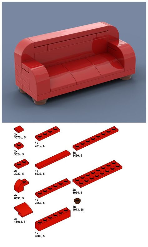 Free directions for a simple couch. Built in stud.io. Lego Diy Crafts, Simple Couch, Lego Basic, Easy Lego Creations, Lego Furniture, Lego Challenge, Red Couch, Construction Lego, Lego Diy