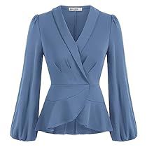 Womens Peplum Tops, Blue Peplum Top, Elegant Tops, Long Sleeve Wrap Top, Formal Tops, Peplum Tops, Dressy Shirts, Work Blouses, Trendy Fashion Tops