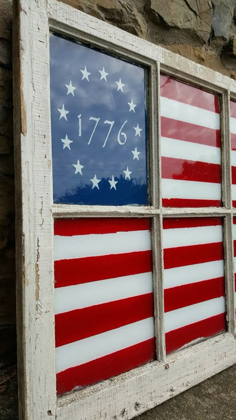 1776 Primitive American Flag Window by OldeStoneHome on Etsy Colonial Flag, Barn Window, Americana Crafts, Window Crafts, Wooden Flag, Fourth Of July Decor, Patriotic Crafts, American Decor, Americana Decor