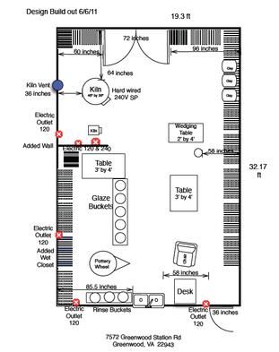 Studio Floor Plan - First Draft Clay Studio Layout, Pottery Space, Pottery Studio Ideas, Studio Floor Plans, Studio Floor, Studio Layout, Workshop Plans, Studio Shed, Ceramics Studio