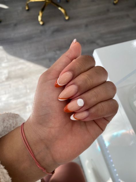 White And Burnt Orange Nails, White French Tip With Orange Line, Orange Tip Nails Almond, White Orange Nails, Almond Shape Acrylics, Orange And White Nails, Colored French Nails, Red Orange Nails, Simply Orange