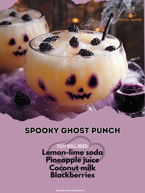 👻🍹 Spooky Ghost Punch—Get into the Halloween spirit with this Spooky Ghost Punch. A fun and eerie drink for your party! 🎃👻 #SpookyGhostPunch #HalloweenPartyDrinks Spooky Ghost Punch Ingredients: Lemon-lime soda (2 cups) Pineapple juice (1 cup) Coconut milk (1/2 cup) Blackberries (for garnish) Ice (as needed) Instructions: Mix lemon-lime soda and pineapple juice in a punch bowl. Stir in coconut milk. Add ice and garnish with blackberries. 🎃👻 Enjoy the spooky fun of Spooky Ghost Punch at yo... Halloween Juice Ideas, Halloween Cocktails Punch Bowl, Halloween Soda Bar, Halloween Batch Drinks, Spooky Punch, Halloween Cocktails Punch, Halloween Drinks Nonalcoholic, Halloween Punch Bowl, Halloween Party Punch