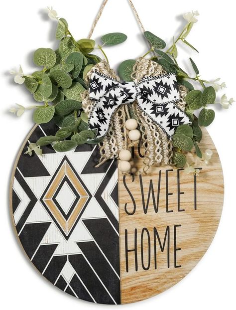 Decor Aztec Geometric 'Home' Welcome Sign - 12-Inch Round Wooden Wreath, Perfect for Front Door, Outdoor Wall Decor, Suitable for Farmhouse, Porch, All Seasons Wooden Wreath, Wooden Wreaths, Wooden Welcome Signs, Farmhouse Porch, Plaid Bow, Harvest Festival, Outdoor Wall Decor, Autumn Theme, Outdoor Settings