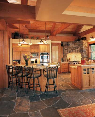 I love the floor of this kitchen! Slate Floor Kitchen, Log Home Flooring, Slate Kitchen, Log Home Kitchens, Slate Tile Floor, Rustic Flooring, Rustic Modern Kitchen, Rustic Kitchen Design, Cabin Kitchens