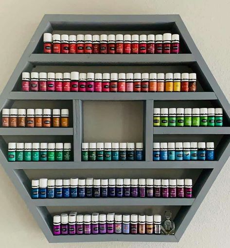 Amazing Essential Oil rack! #need #essential #oils #rack #shelf | It's not mine, but a friend's Baking Supplies Organization, Baking Organization, Essential Oil Rack, Oil Rack, Craft Organisation, Essential Oil Shelf, Bakery Design Interior, Bakery Decor, Furniture Details Design