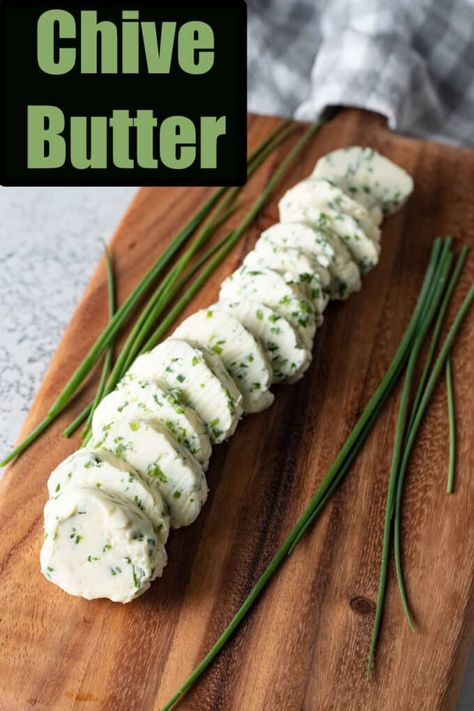 This incredibly easy Chive Butter is so delicious. Takes less than 5 minutes and is so versatile. Use it on fish, meat, vegetables and more! Chive Recipe, Chive Butter, Chive Butter Recipe, Garlic Herb Butter Recipe, Garlic Chive Butter, Herb Butter Candle Recipe, Garlic And Herb Butter Recipe, Garlic Herb Butter Dried Herbs, What To Do With Excess Chives