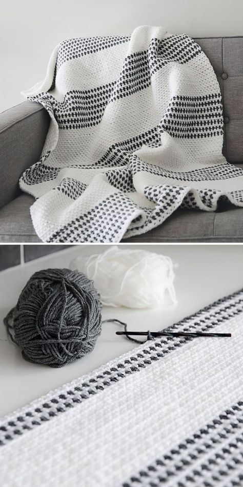 Farm House Crochet Blanket, Leelee Knits Free Crochet, Black White Gray Crochet Blanket Pattern, Crochet Soft Blanket Patterns, Crochet Blanket Grey Color Schemes, Black Crochet Blanket Color Schemes, Minimalist Crochet Patterns, 2 Colored Crochet Blanket, Crochet Monochrome Blanket