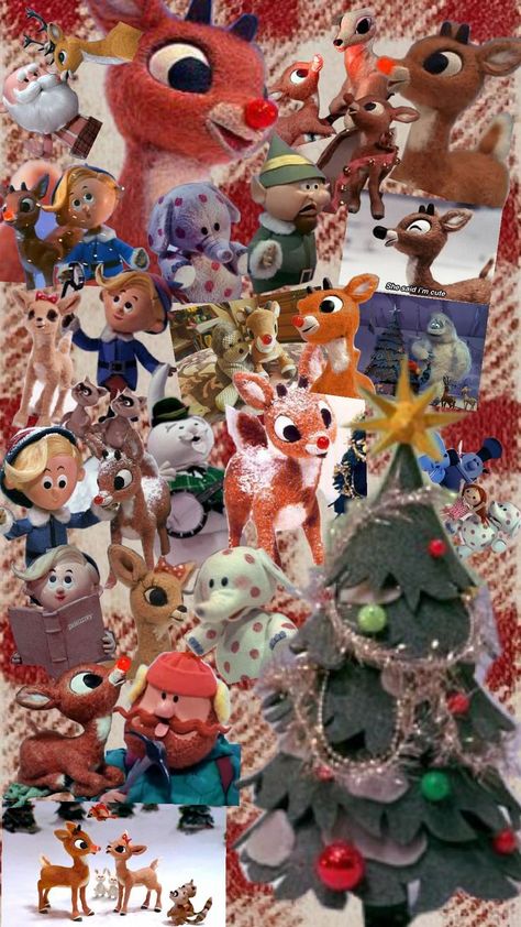 Collage wallpaper of the beloved Rudolph the Red Nosed Reindeer. Rankin Bass Christmas Wallpaper, Rudolph Wallpaper Iphone, Rudolph The Red Nosed Reindeer Nails, Rudolph The Red Nose Reindeer Wallpaper, Christmas Wallpaper Movies, Christmas Wallpaper Rudolph, Rudolph The Red Nosed Reindeer Wallpaper, Rudolph The Red Nosed Reindeer Aesthetic, Therian Christmas