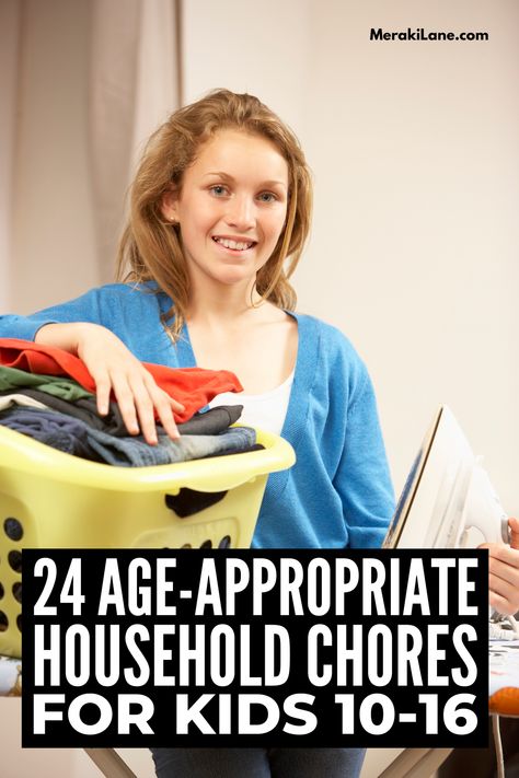 24 Age-Appropriate Chores for Tweens and Teens | As parents, we want to teach our kids basic life skills while also avoiding power struggles, which is not easy! In this post we're sharing 5 strategies to get your kids to help out around the house without nagging and yelling, plus a list of daily and weekly household chore ideas for kids aged 10-16. Whether you use chore charts, pay an allowance, or no reward system at all, click for tips to teach kids responsibility without power struggles! Chore List For Kids Age 10, Age Appropriate Chore Ideas, Teaching Kids Responsibility, Chores By Age Charts For Kids, Chores For Kids By Age 9-10, Chore List For Teens, Chores For Teenagers, Chores For Teens, Chore Ideas For Kids