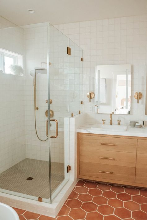 Kohler Harken Vanity, Shower With Two Half Walls, Blush And Cream Bathroom, Kohler Vibrant Brushed Bronze, Shower Bath Combo Remodel, Brushed Gold Shower System, Shower Next To Sink, Kohler Purist Bathroom Faucet, Kohler Shower System With Handheld