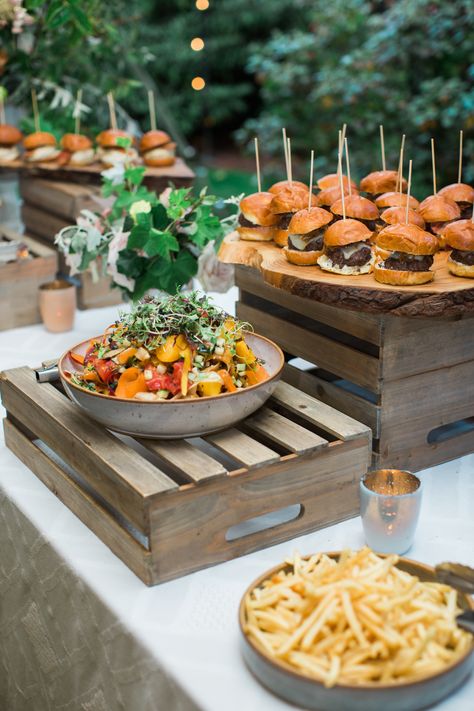 Salad Station Display, Slider Wedding Food, Bbq Station Wedding, Burgers And Fries Wedding, How To Display Sliders For Party, Sliders And Fries Wedding, Fries At Wedding, Burger Wedding Reception, Wedding Slider Bar