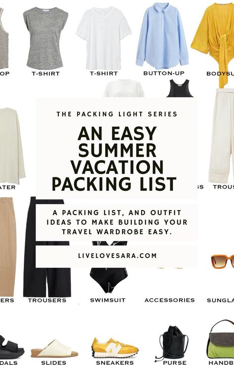 A white background with the image with a visual list of 20 items to pack for a summer vacation. In the middle is a white box with the words, "An Easy Summer Vacation Packing List." 10 Day Capsule Wardrobe Travel Light, 10 Day Summer Packing List, Two Week Packing List Summer, 10 Days Packing List Summer, 10 Day Holiday Packing List, 3 Week Packing List Summer, Packing Summer Vacation, Sight Seeing Outfit Summer Europe, Minimalist Packing List 1 Week Summer