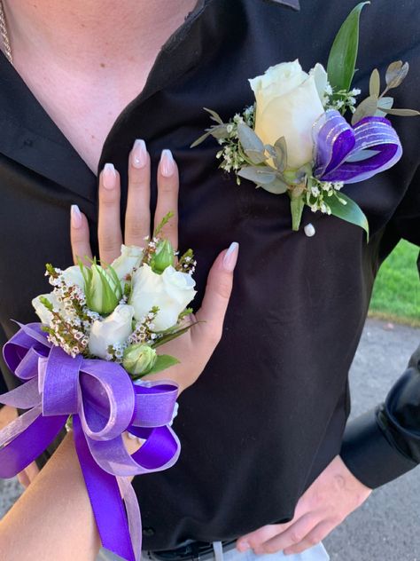 Homecoming/ purple/ aesthetic/ corsage/ boutonnière/couple Purple And Black Corsage, Purple Homecoming Couple, Dark Purple Prom Couple, Dark Purple Corsage, Aesthetic Corsage, Purple Prom Couple, Purple Corsage And Boutonniere, Homecoming Couple, Purple Corsage