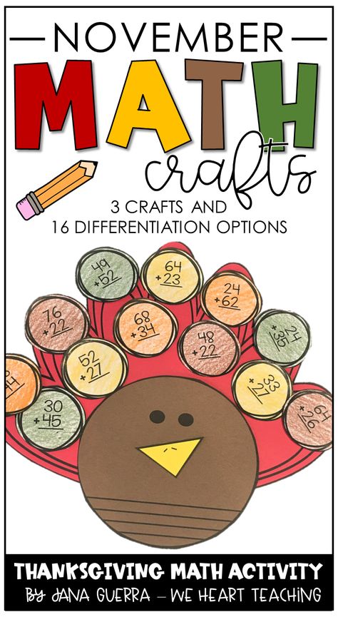 These November math crafts make the perfect Thanksgiving bulletin board and work great as independent work or a center! Easily differentiate for your students with addition, subtraction, 2 digit and 3 digit addition and subtraction, multiplication, and division choices. Choose from a turkey, pilgrim hat, or corn craft, or do all three! Perfect Thanksgiving math activity for kinder, 1st, 2nd, 3rd, or 4th grades! November Crafts For 1st Grade, 3rd Grade Math Crafts, 2 Digit Addition Activities, Thanksgiving Activities For 2nd Grade, 2nd Grade Math Craftivity, Math Crafts 2nd Grade, 3rd Grade Thanksgiving Activities, Fall Crafts 2nd Grade, Thanksgiving Classroom Activities 3rd