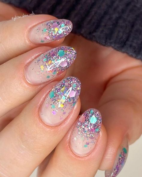 Glitter Colorful Nails, Almond Colored Tip Nails, Short Almond Dip Nails Spring, Pastel And Glitter Nails, Dip Powder Nails Almond Shape Short, Disco Glitter Nails, Spring Glitter Nails Sparkle, Pastel Dip Powder Nails, Glitter Fade Nails Gel