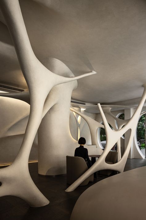 Tan90° | AD ARCHITECTURE Dynamic Design Architecture, Spatial Experience Architecture, Dynamic Interior Design, Performance Space Architecture, Fluidity Architecture, Interior Architecture Concept, Parametric Interior Design, Futuristic Cafe, Conceptual Interior Design