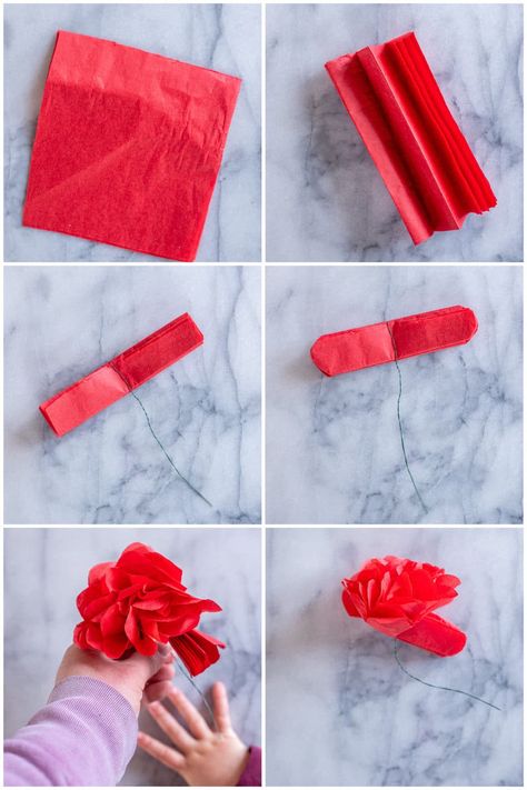 Get step by step directions on exactly how to make the perfect Tissue Paper Roses! They're a fun and beautiful kid friendly craft and they're perfect for Valentine's Day! You can make whatever color you like! #kidscrafts #valentinesday #valentinesdaycrafts #tissuepaper #tissuepaercrafts Rose Preschool Craft, Carnation Tissue Paper Flowers, Small Tissue Paper Flowers Diy, How To Make Tissue Paper Roses, Roses Out Of Tissue Paper, How To Make A Rose Out Of Tissue Paper, Tissue Paper Roses Diy Easy, How To Make Paper Roses Step By Step, Rose Crafts For Kids