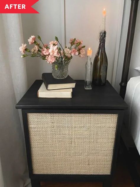 Before and After: This DIYer Constructed a Rattan Nightstand Using an IKEA Piece | Apartment Therapy Ikea Tarva Nightstand, Tarva Nightstand, Ikea Nightstand Hack, Nightstand Hack, Rattan Nightstand, Ikea New, Cane Webbing, Small Hinges, Furniture Hacks