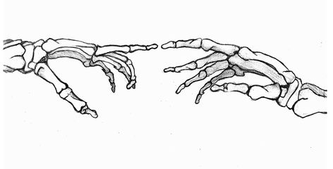 Skeleton Fingers Touching Tattoo, Reaching Skeleton Hand, Two Skeleton Hands Tattoo, Skeleton Holding Hands Tattoo, Skeleton Hand Reaching Out, Skeleton Hands Touching, Skeleton Painting Ideas, Hand And Skeleton Hand Tattoo, Skeleton Hand Painting