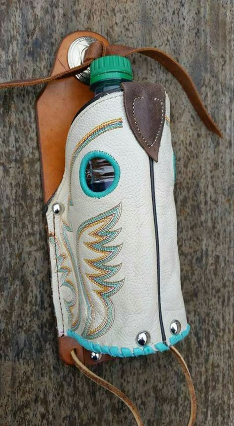 Boot, leather water bottle holder Boot Crafts Ideas, Horse Saddle Stand Diy, Tooled Leather Bull Skull, Western Sewing Ideas, Saddle Water Bottle Holder, Cowboy Boot Crafts Projects, Cowboy Boot Decorating Ideas, Leather Water Bottle Holder, Western Sewing Projects