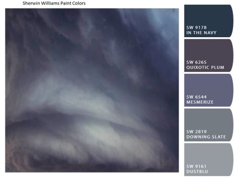 I want to knit a sweater in these colors.  The photo is of storm clouds.  The paint chips are from Sherwin Williams. Approaching Storm Paint, Stormy Sky Color Palette, Storm Colour Palette, Thunderstorm Color Palette, Foggy Color Palette, Storm Cloud Color Palette, Storm Color Pallette, Stormy Bathroom, Stormy Color Palette