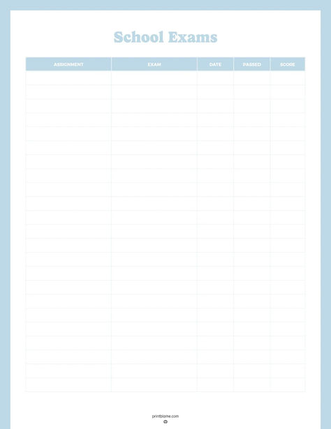 A printable exam tracker featuring columns for assignment, exam name, date, pass/fail status, and score to help track school exams and performance. Study Tracker Free Printable, Exam Planner Template, Exam Prep Planner, Sie Exam Dump Sheet, Exams Planner, Test Tracker, Exam Tracker, Final Exam Schedule, Focus On Studying