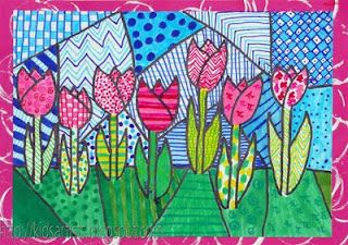 #Easter #tangles #flowers Dutch tulips in the style of Romero Britto, by Malou, grade 6 Spring Art Projects, 2nd Grade Art, 6th Grade Art, 4th Grade Art, 5th Grade Art, 3rd Grade Art, Elementary Art Projects, Homeschool Art, Artists For Kids