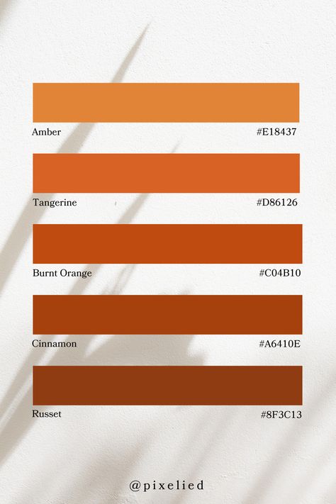 Experience fiery warmth with this palette: Amber's golden glow, Tangerine's lively energy, Burnt Orange's rich depth, Cinnamon's spicy warmth, and Russet's earthy undertones. Burnt Orange Color Swatch, Burnt Orange Colour Palette, Amber Color Palette, Color Scheme Generator, Earth Colour Palette, Tone Color Palette, Idea Generation, Earth Tone Color Palette, Color Generator