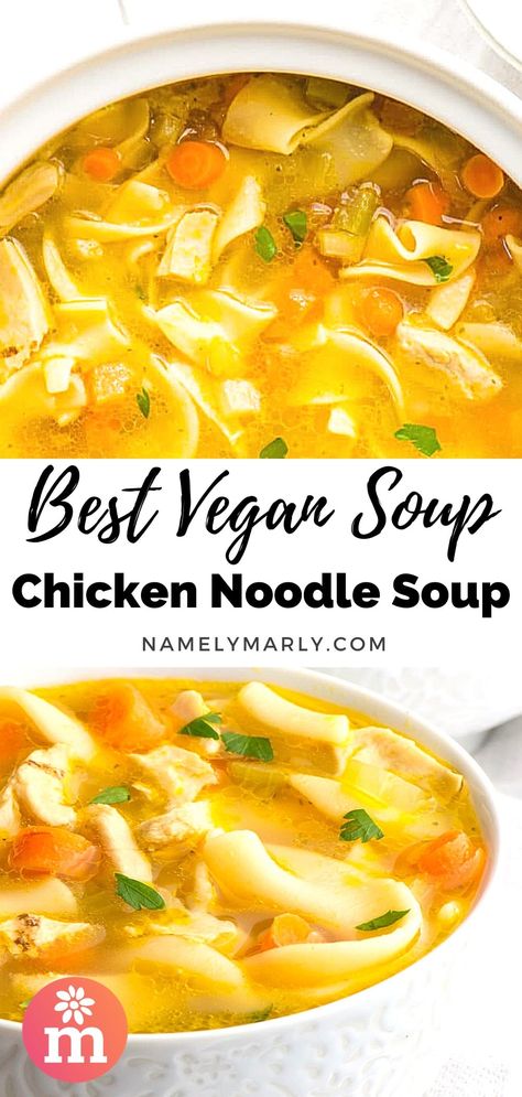 This easy vegan chicken noodle soup is made with minimal ingredients and tastes just like the real thing. Make it your go-to lunch or dinner meal! #vegan #plantbased #soup #vegansoup #namelymarly #chickennoodlesoup #meatlessmonday Vegetarian Chicken Soup, Egg Noodle Soup Recipes Vegetarian, Easy Healthy Meals Vegan, Chickenless Noodle Soup, Vegetable Noodle Soup Recipes, Veggie Soup With Noodles, Simple Vegan Soup, Vegetarian Noodle Soup Recipes, Vegan Chicken Soup Recipes