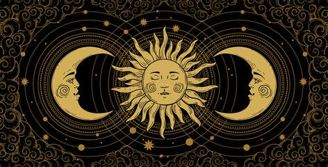 Magical banner for astrology, celestial alchemy. Heavenly art for the zodiac, tarot, device of the universe, crescent moon with a face, clouds, sun with the moon on a black background. Esoteric vector - Buy this stock vector and explore similar vectors at Adobe Stock | Adobe Stock Celestial Art Wallpaper Desktop, Tarot Wallpaper Desktop, Desktop Wallpaper Spiritual, Astrology Wallpaper Desktop, Alchemy Illustration, Moon Banner, Heavenly Art, Voodoo Rituals, Witch Wallpaper