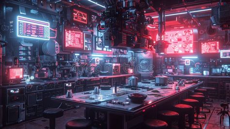 A futuristic cyberpunk bar with neon lights, glowing screens, and a long, empty counter. The scene is filled with a sense of royalty free stock imag Cyberpunk Bar, Cyberpunk Horror, Futuristic Cyberpunk, Adventure Design, Cyberpunk Style, Neon Lights, Screen Savers, The Scene, Neon Lighting